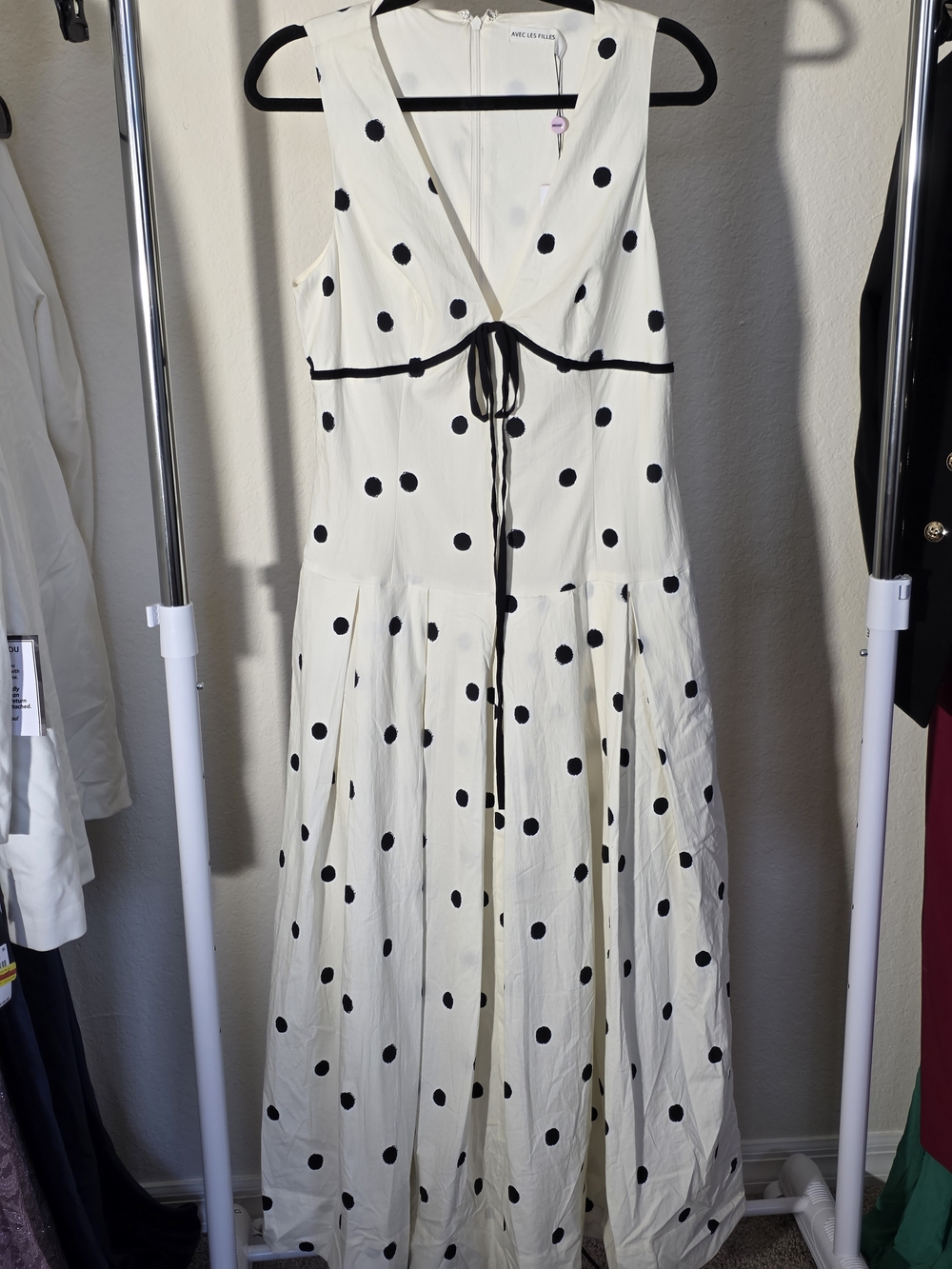 Avec Les Filles White Midi Dress Black Polka Dots Fit&flare Cotton Size 8 - Picture 5 of 12